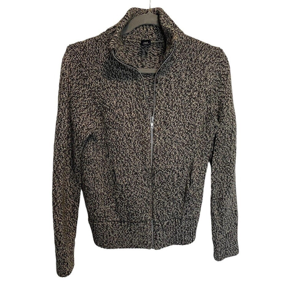 Gap Sweater Vintage Tweed Black and Gray Zip Front, Pockets, Mock Turtleneck M